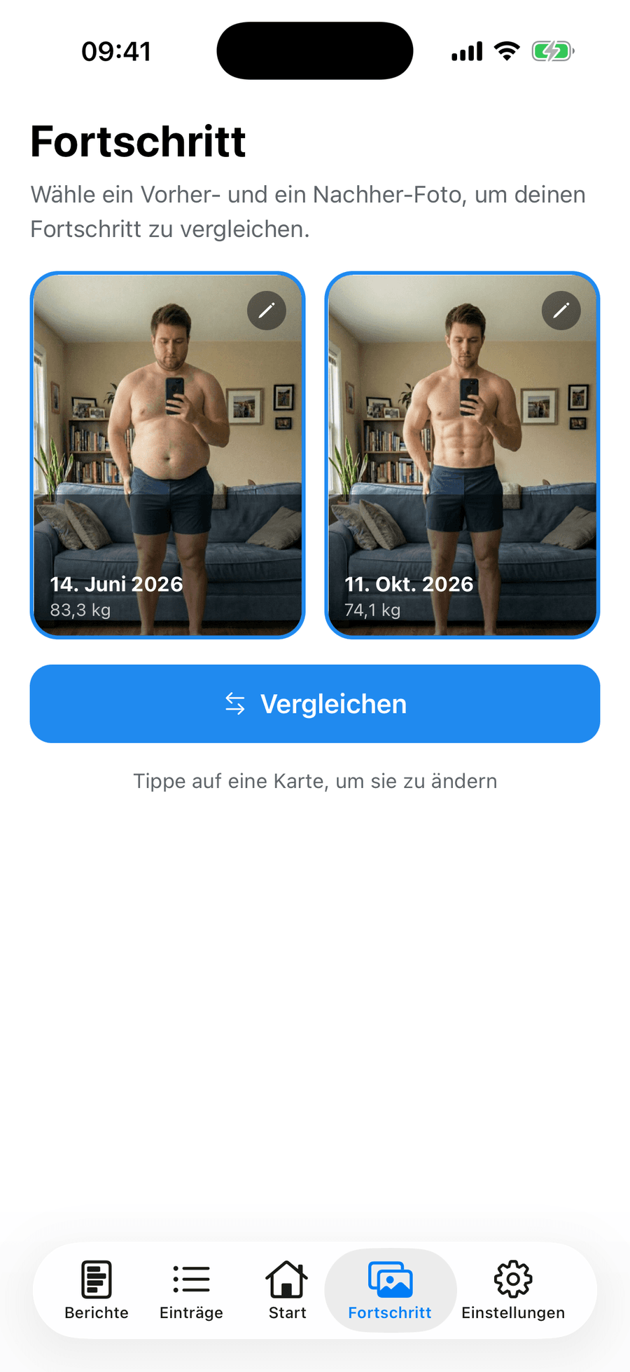 Periscope-Vorher-Nachher-Schieberegler, der zwei Fortschrittsfotos mit dem Gewichtsunterschied vergleicht