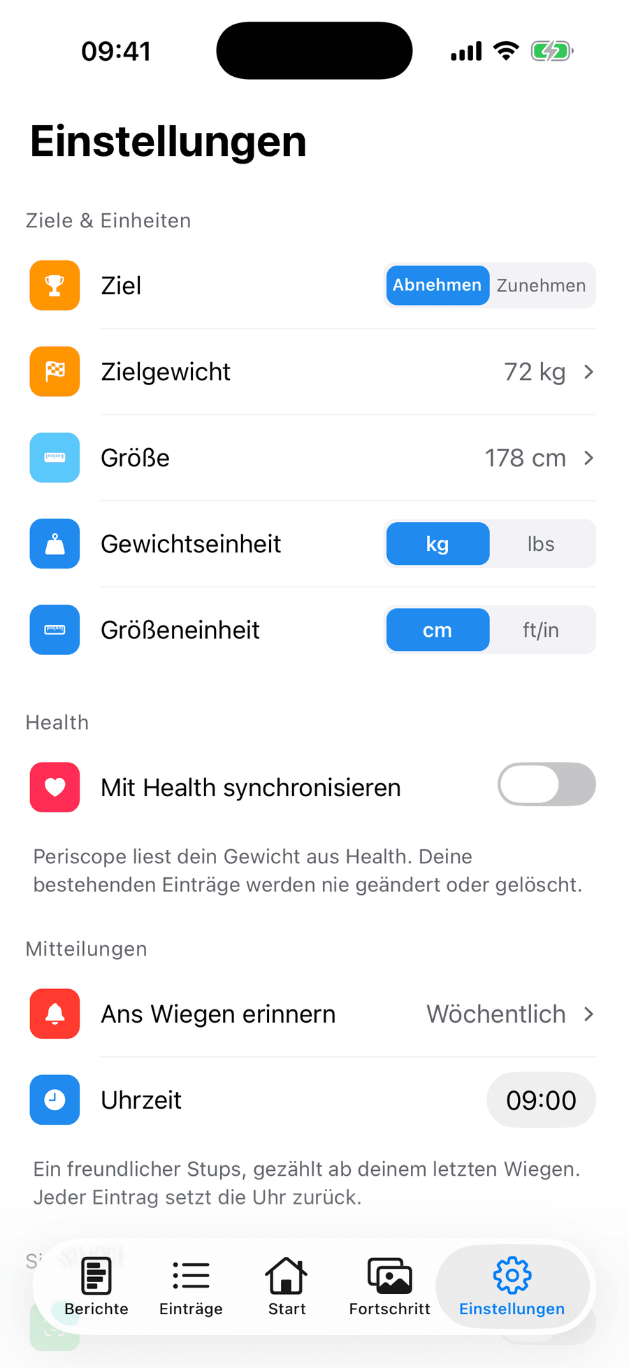 Periscope-Einstellungen mit Zielgewicht, Health-Synchronisierung, Erinnerungen ans Wiegen und Face ID