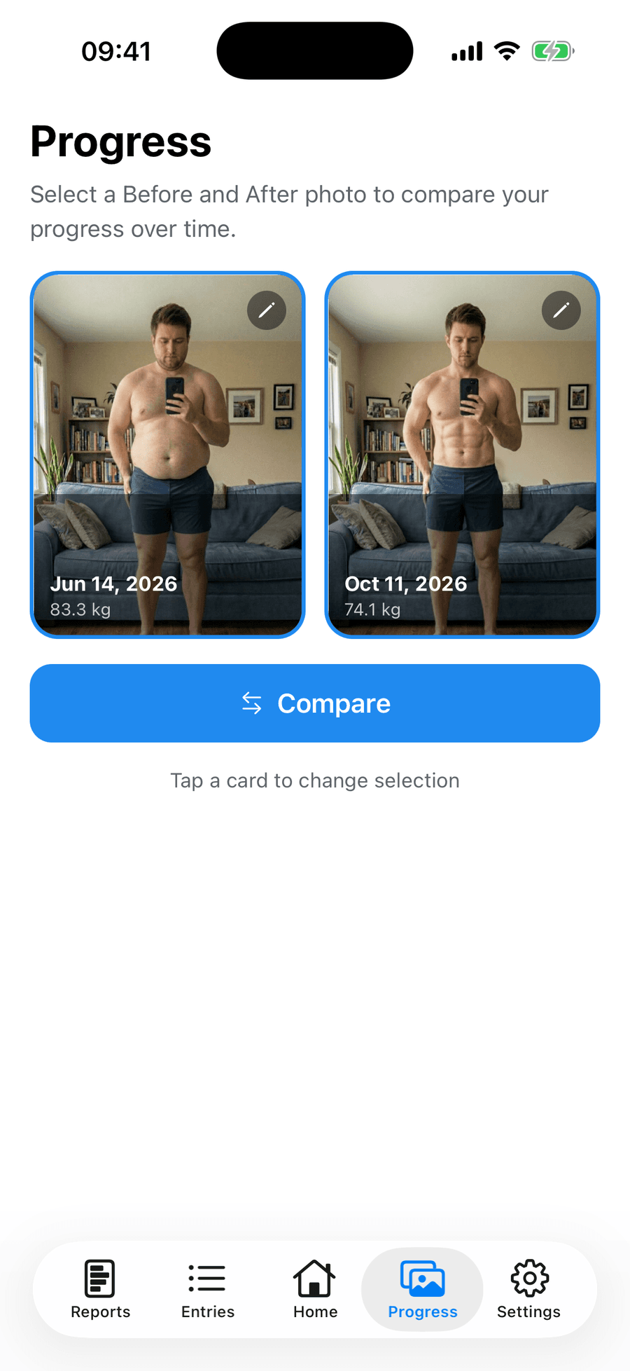 Periscope before-and-after slider comparing two progress photos with the weight difference
