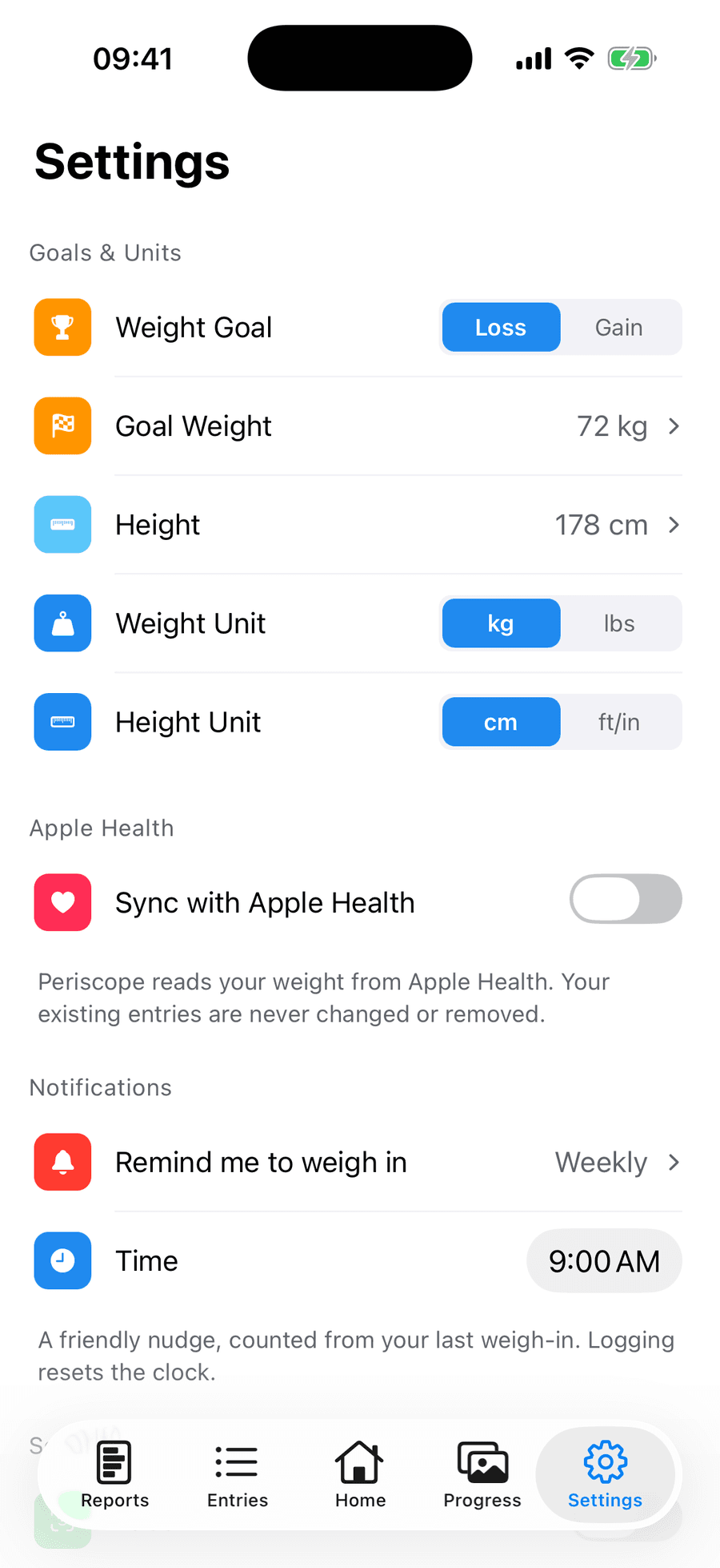 Periscope settings with goal weight, Apple Health sync, weigh-in reminders and Face ID
