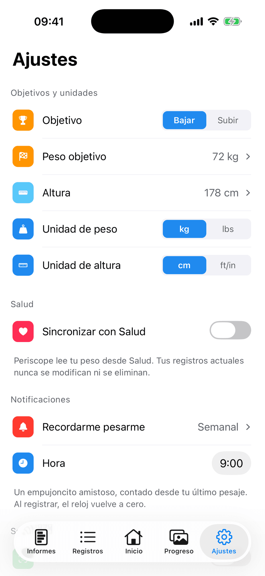 Ajustes de Periscope con peso objetivo, sincronización con Salud, recordatorios para pesarte y Face ID