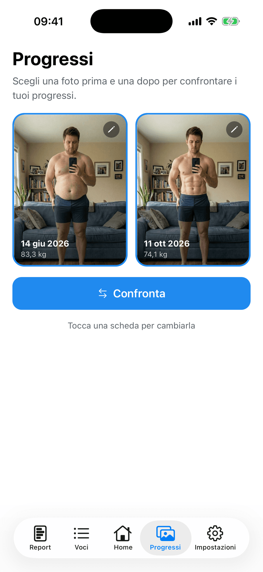 Cursore prima e dopo di Periscope che confronta due foto dei progressi con la differenza di peso