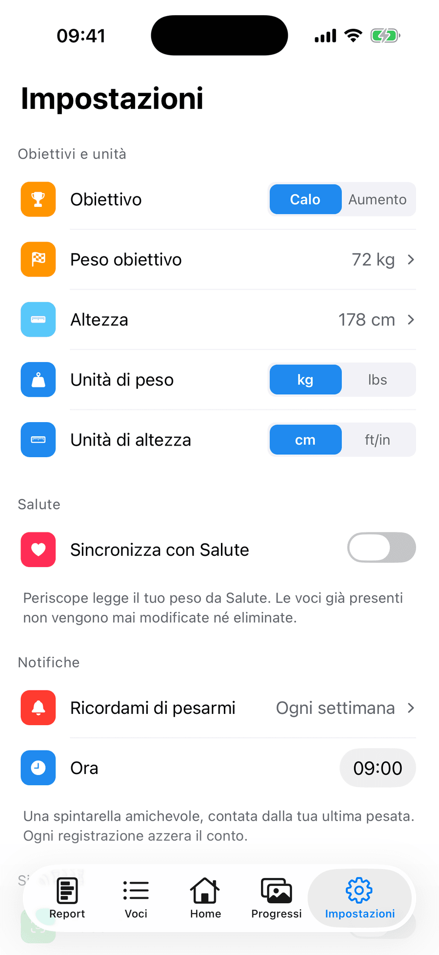 Impostazioni di Periscope con peso obiettivo, sincronizzazione con Salute, promemoria per pesarti e Face ID