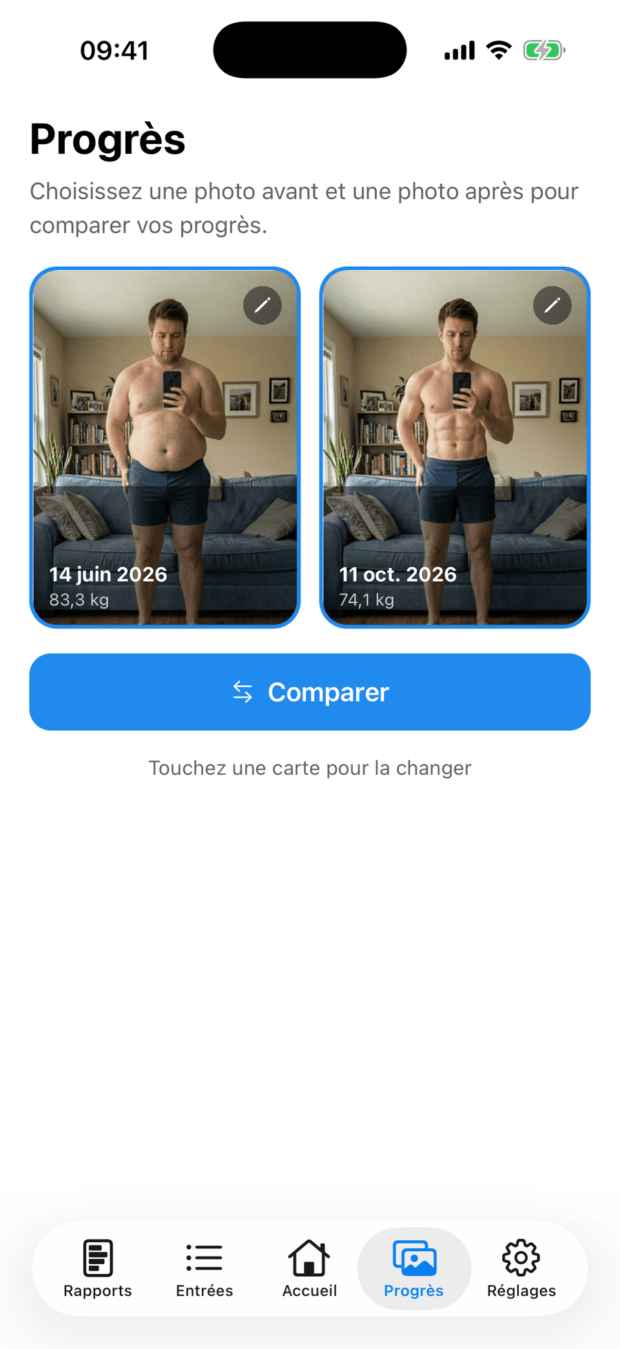 Curseur avant/après de Periscope comparant deux photos de progrès avec la différence de poids