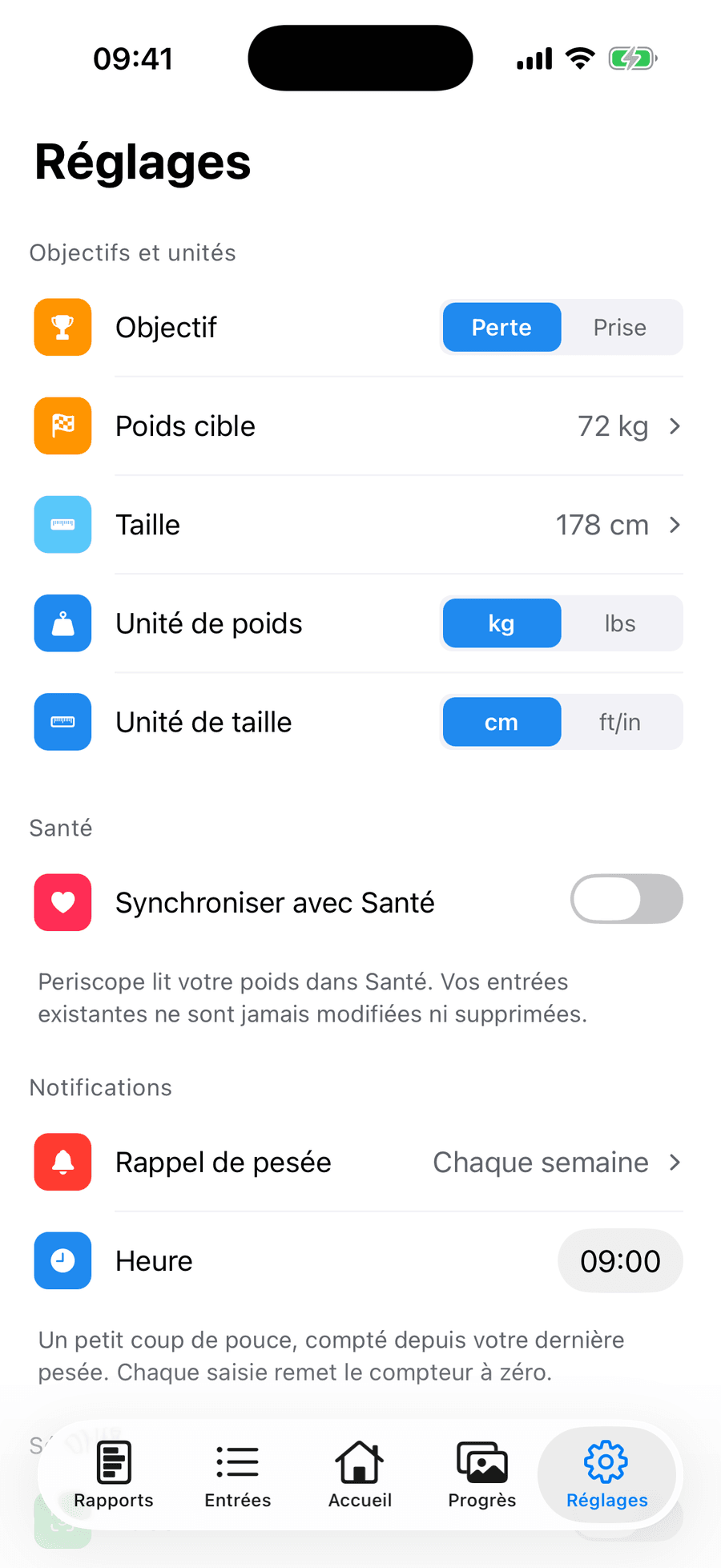 Réglages de Periscope avec poids cible, synchronisation avec Santé, rappels de pesée et Face ID