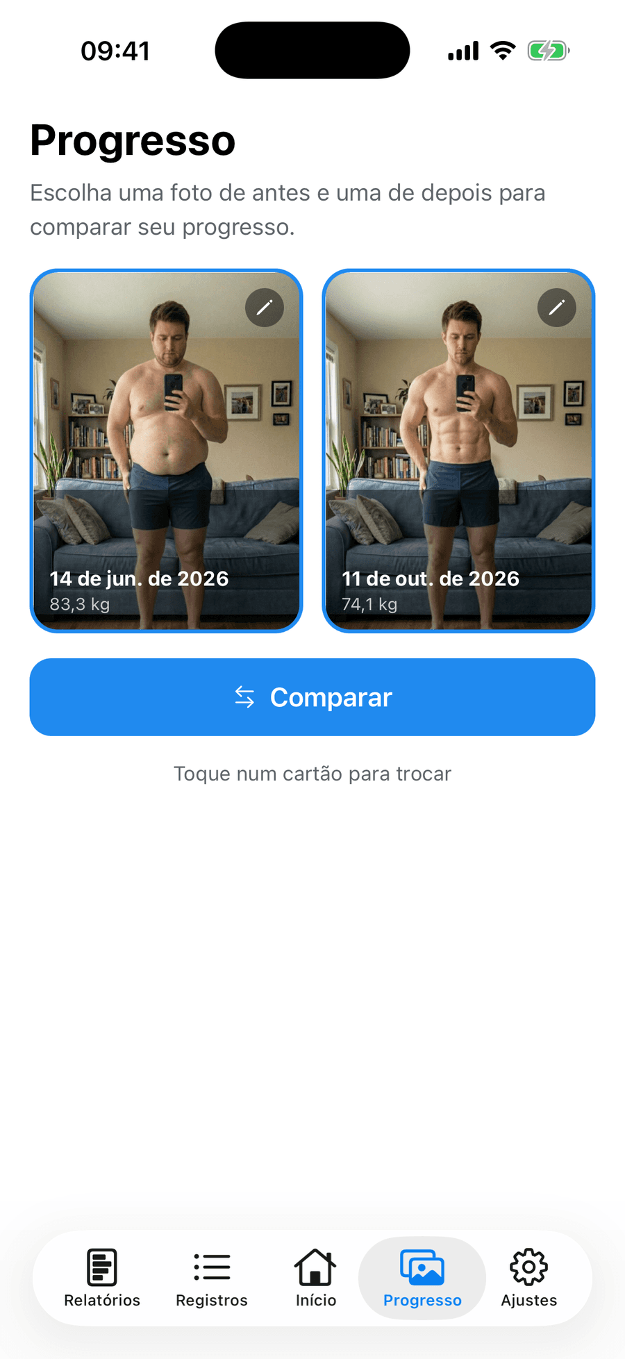Comparação de antes e depois do Periscope com duas fotos de progresso e a diferença de peso