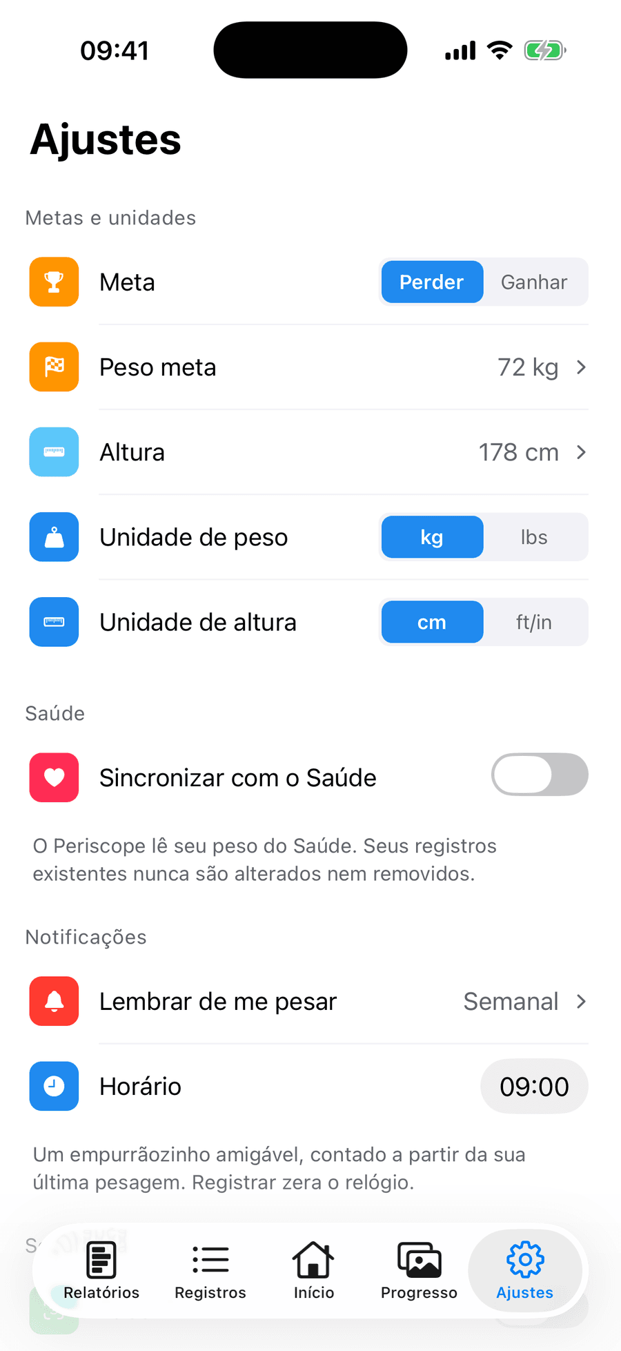 Ajustes do Periscope com peso meta, sincronização com o Saúde, lembretes de pesagem e Face ID